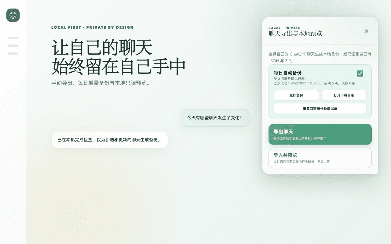 扩展抽屉面板里的每日自动备份开关、上次备份结果与「立即备份」按钮
