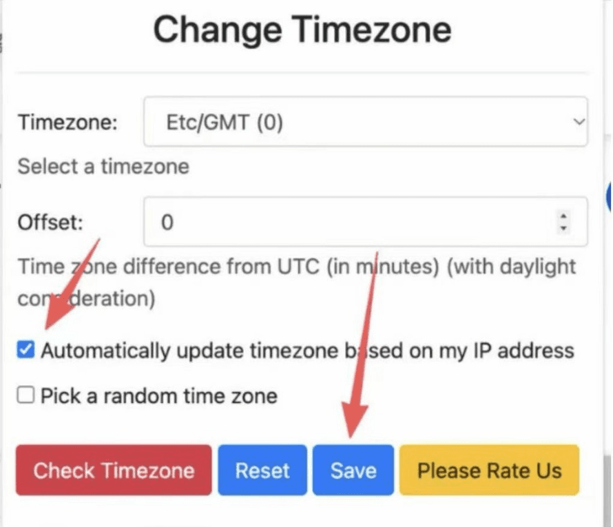 Change Timezone 插件设置面板:勾选「Automatically update timezone based on my IP address」,再点 Save