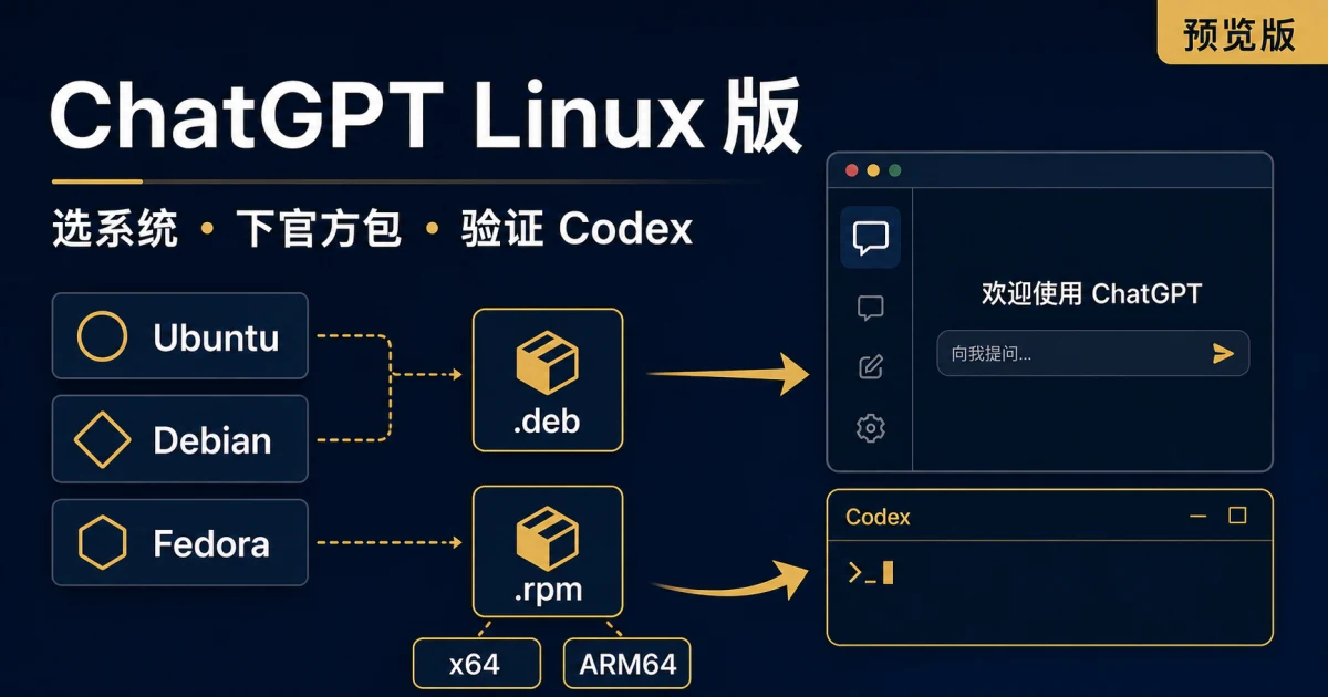 ChatGPT Linux 桌面版从系统检查、软件包选择到 Codex 验证的安装流程图